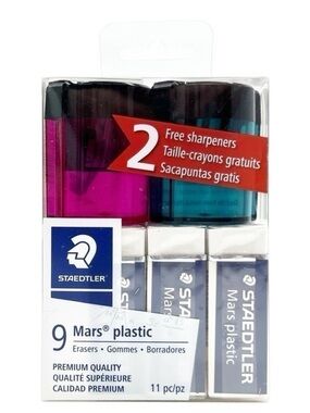 Staedtler Set of 9 Mars Erasers & 2 Manual Pencil Sharpeners Green Pink New NWT